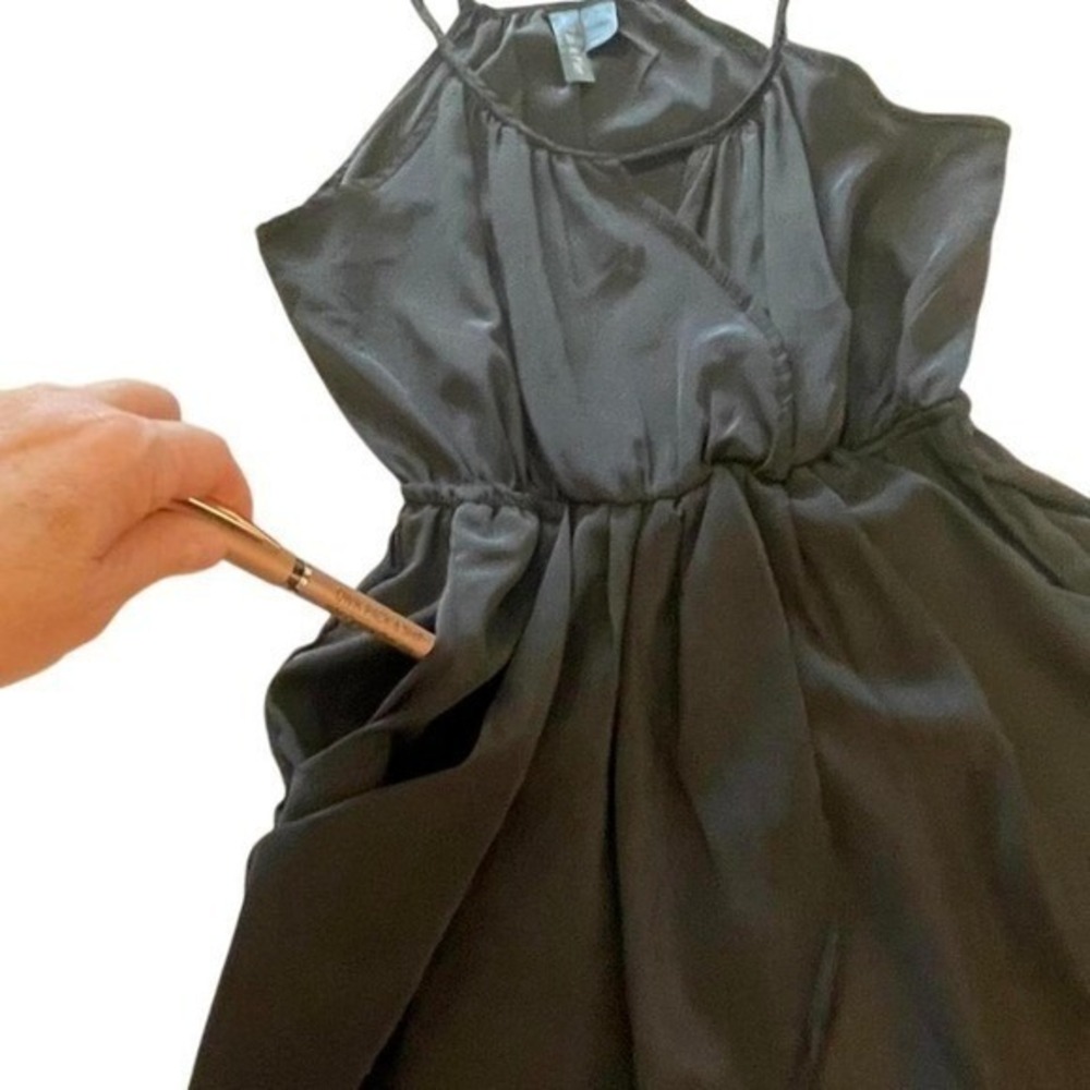Mini black fun & flirt dress braided neckline, pockets, banded waist, XS - Picture 3 of 5